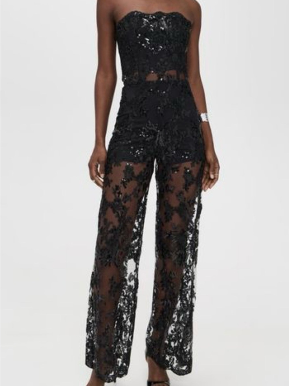 Alice + Olivia Strapless Black Lace Sequin Jumpsuit - Picture 4 of 8